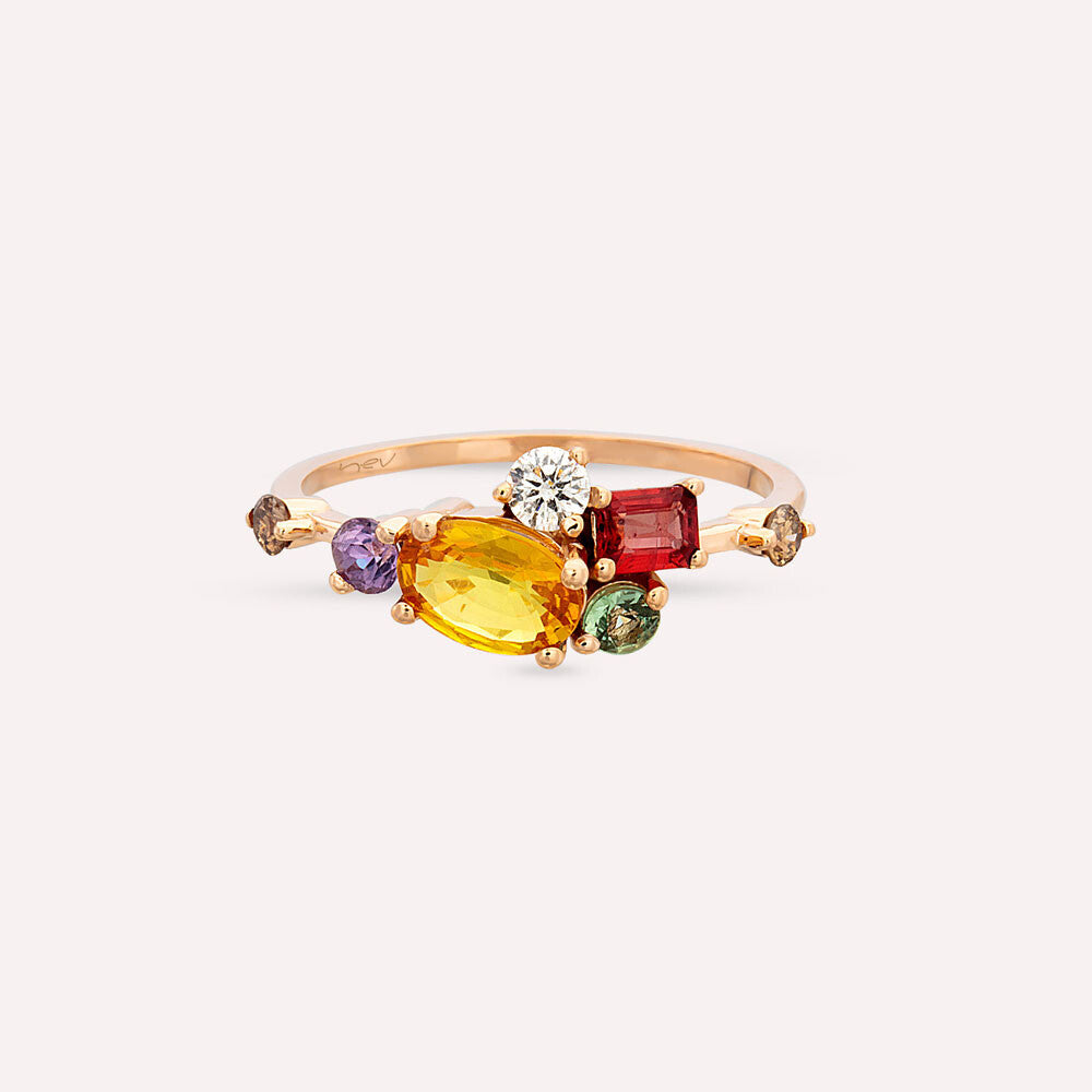 1.61 CT Multicolor Safir ve Brown Pırlanta Taşlı Rose Altın Yüzük