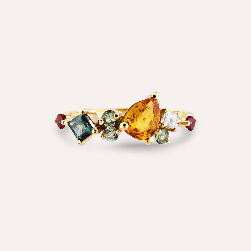 1.64 CT Multicolor Safir ve Pırlanta Taşlı Sarı Altın Yüzük