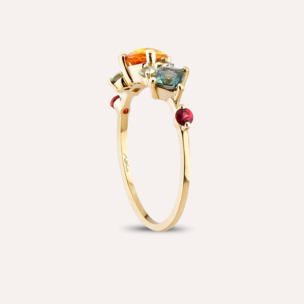 1.64 CT Multicolor Safir ve Pırlanta Taşlı Sarı Altın Yüzük