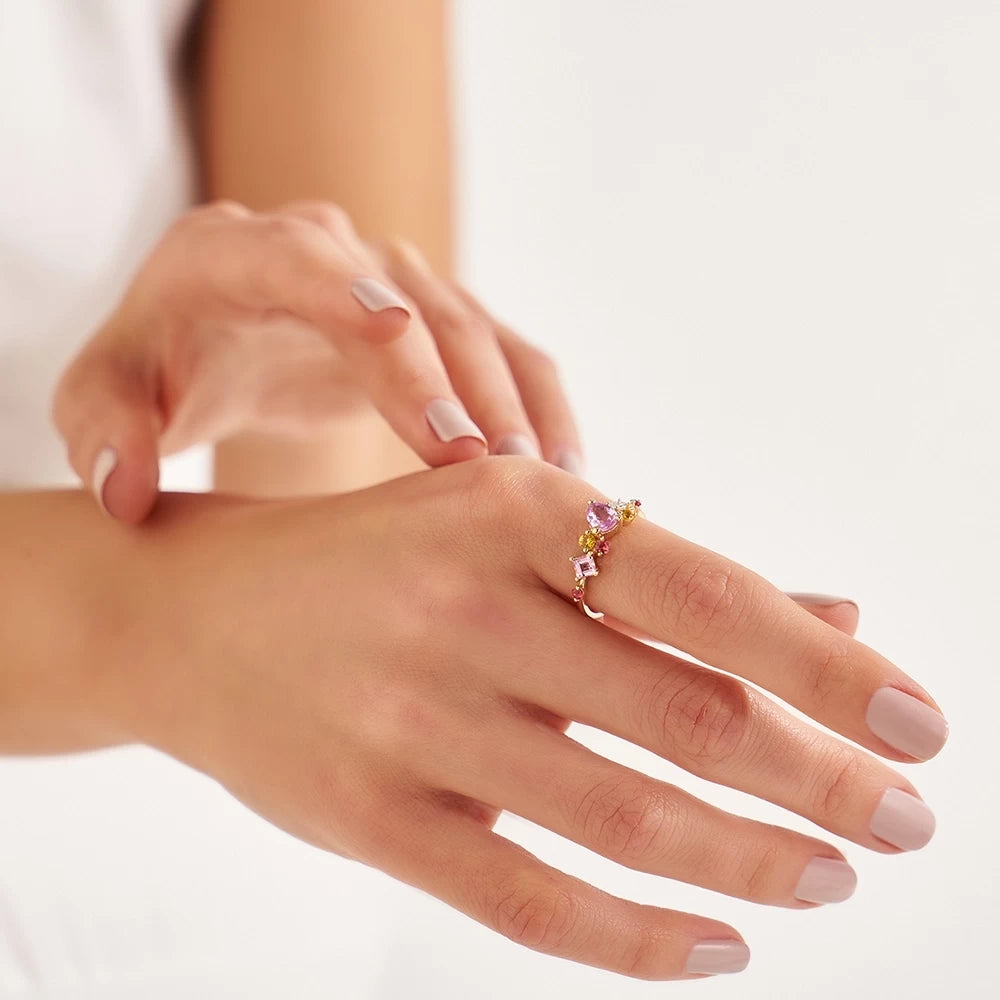 1.66 CT Multicolor Safir ve Pırlanta Taşlı Sarı Altın Yüzük
