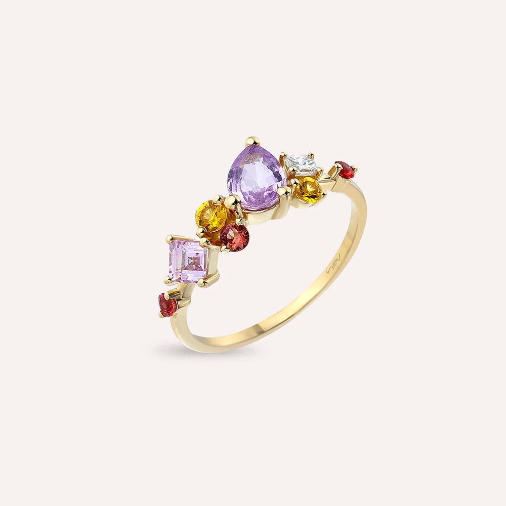 1.66 CT Multicolor Safir ve Pırlanta Taşlı Sarı Altın Yüzük