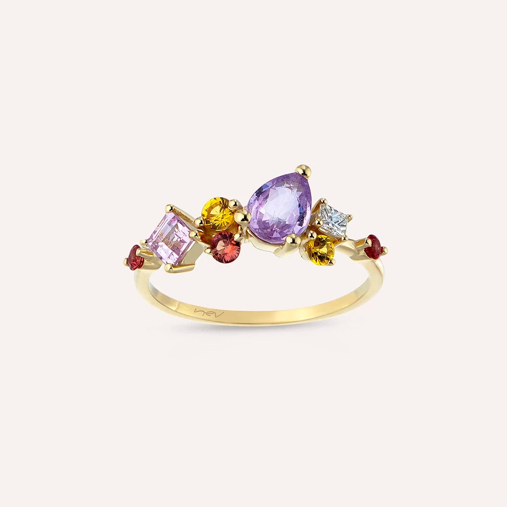 1.66 CT Multicolor Safir ve Pırlanta Taşlı Sarı Altın Yüzük