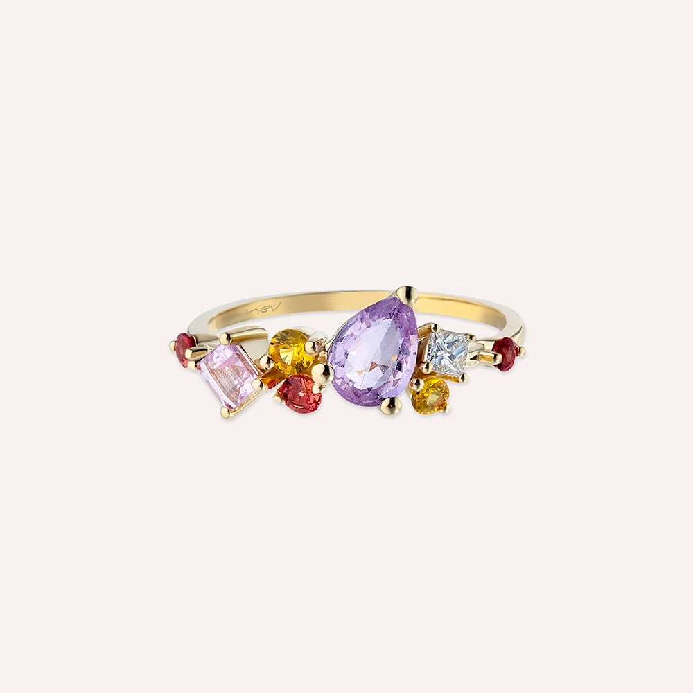 1.66 CT Multicolor Safir ve Pırlanta Taşlı Sarı Altın Yüzük
