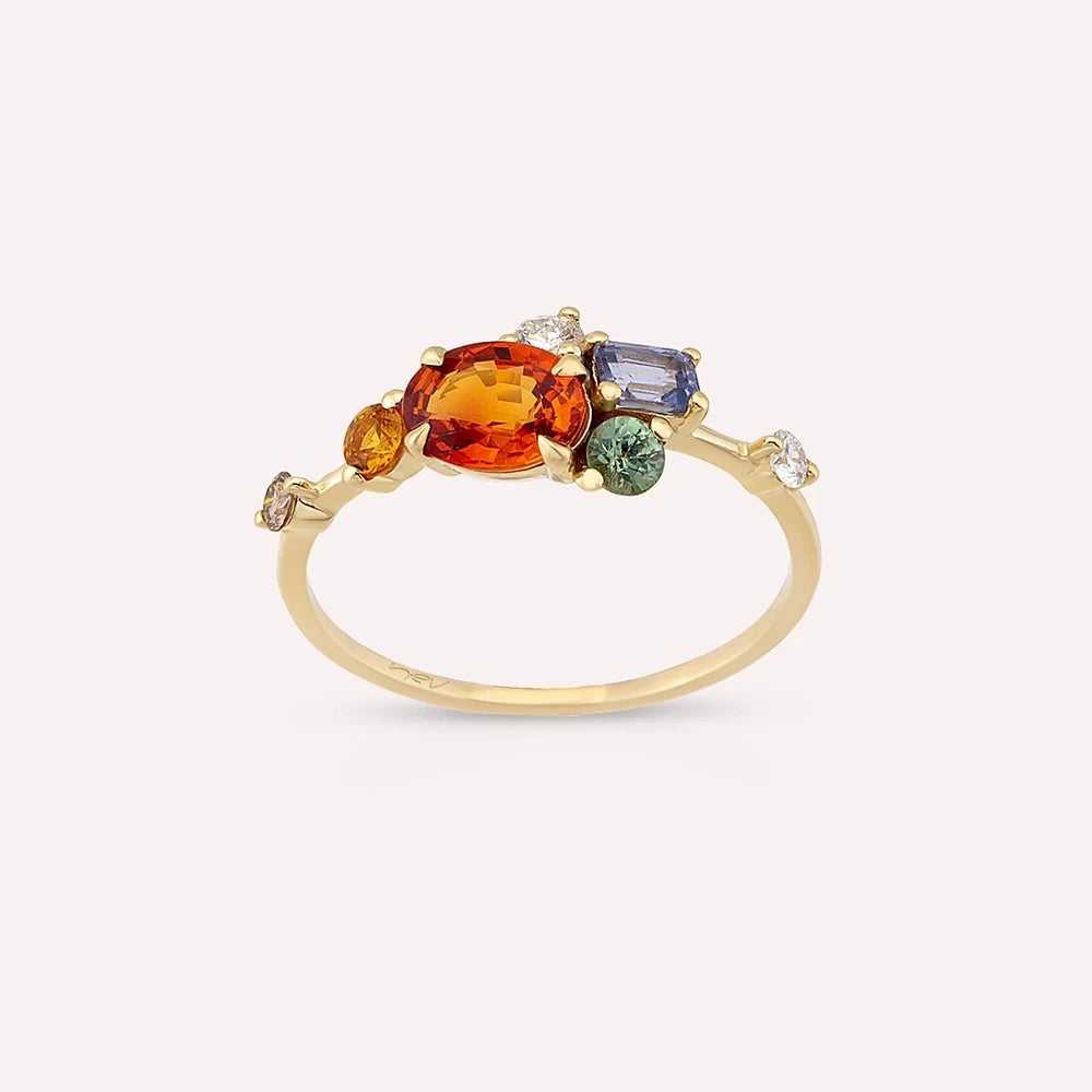 1.68 CT Multicolor Safir ve Brown Pırlanta Taşlı Sarı Altın Yüzük