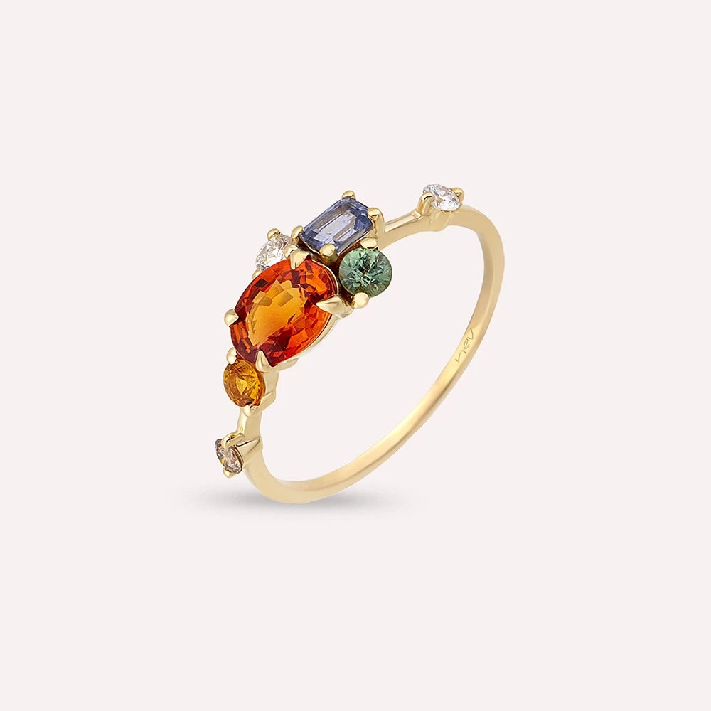 1.68 CT Multicolor Safir ve Brown Pırlanta Taşlı Sarı Altın Yüzük