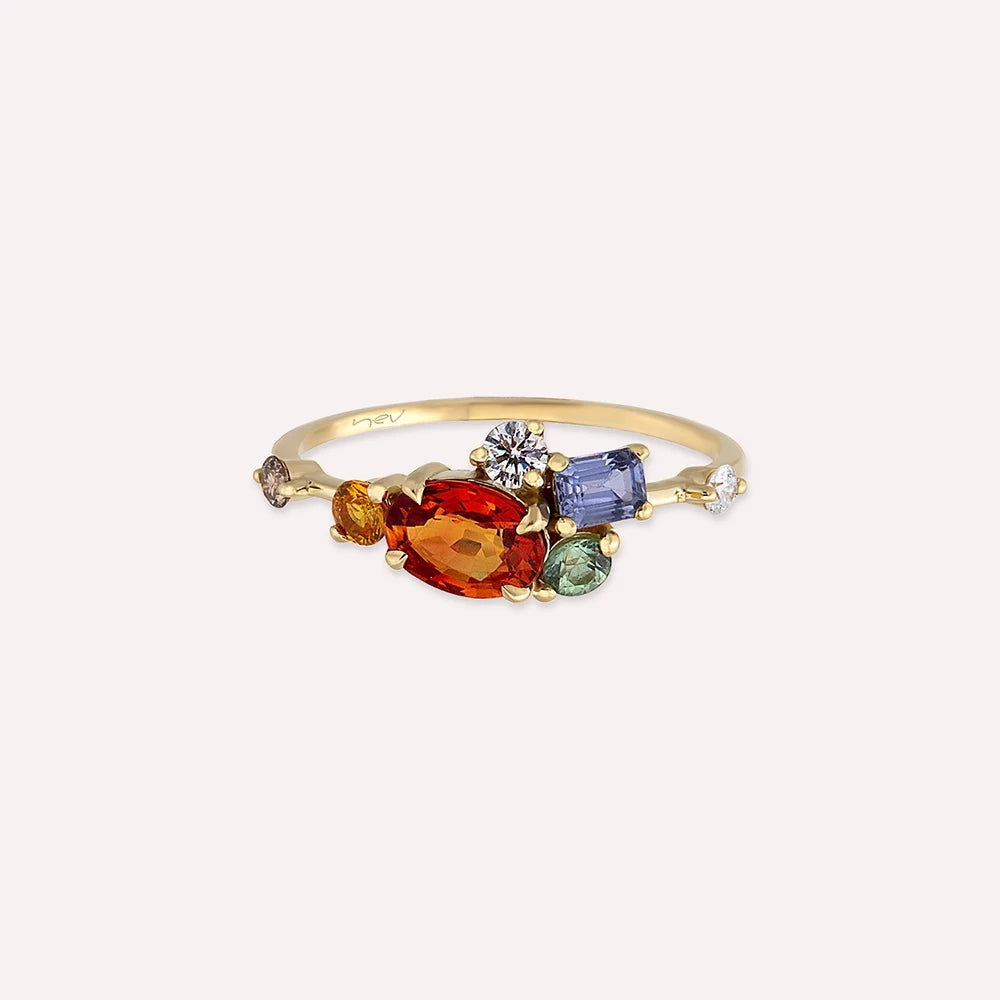 1.68 CT Multicolor Safir ve Brown Pırlanta Taşlı Sarı Altın Yüzük