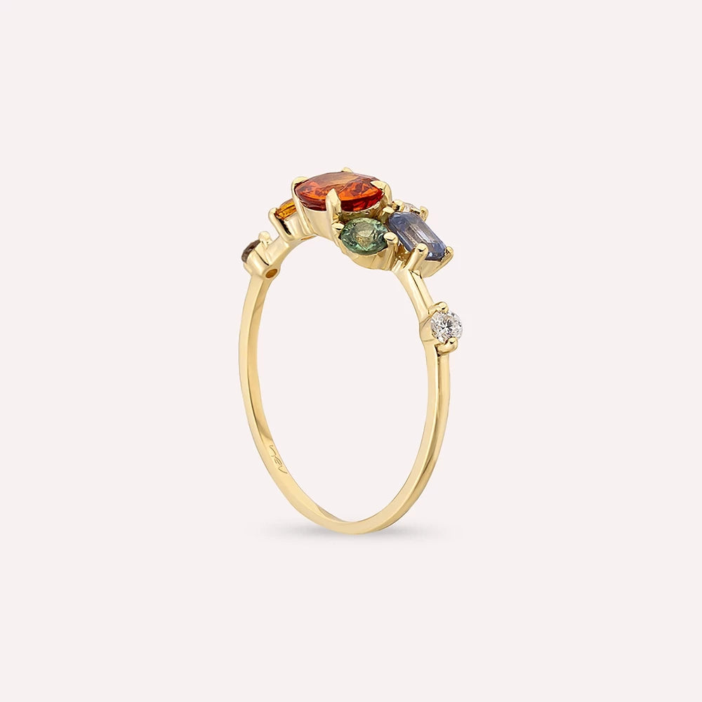 1.68 CT Multicolor Safir ve Brown Pırlanta Taşlı Sarı Altın Yüzük