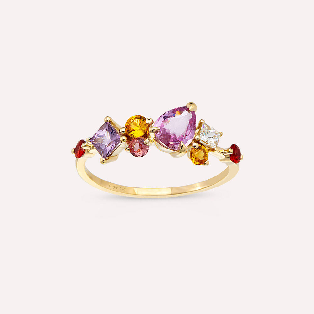 1.82 CT Multicolor Safir ve Pırlanta Taşlı Sarı Altın Yüzük