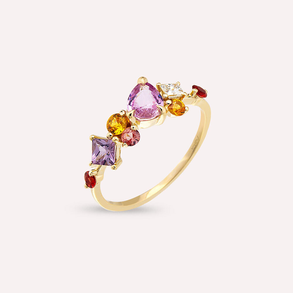 1.82 CT Multicolor Safir ve Pırlanta Taşlı Sarı Altın Yüzük