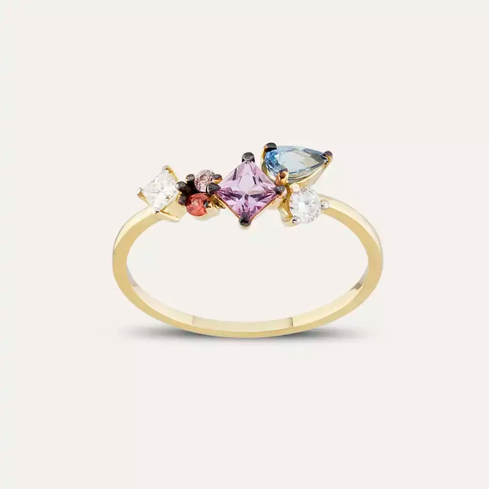 Candy 1.00 CT Multicolor Safir ve Pırlanta Taşlı Sarı Altın Yüzük