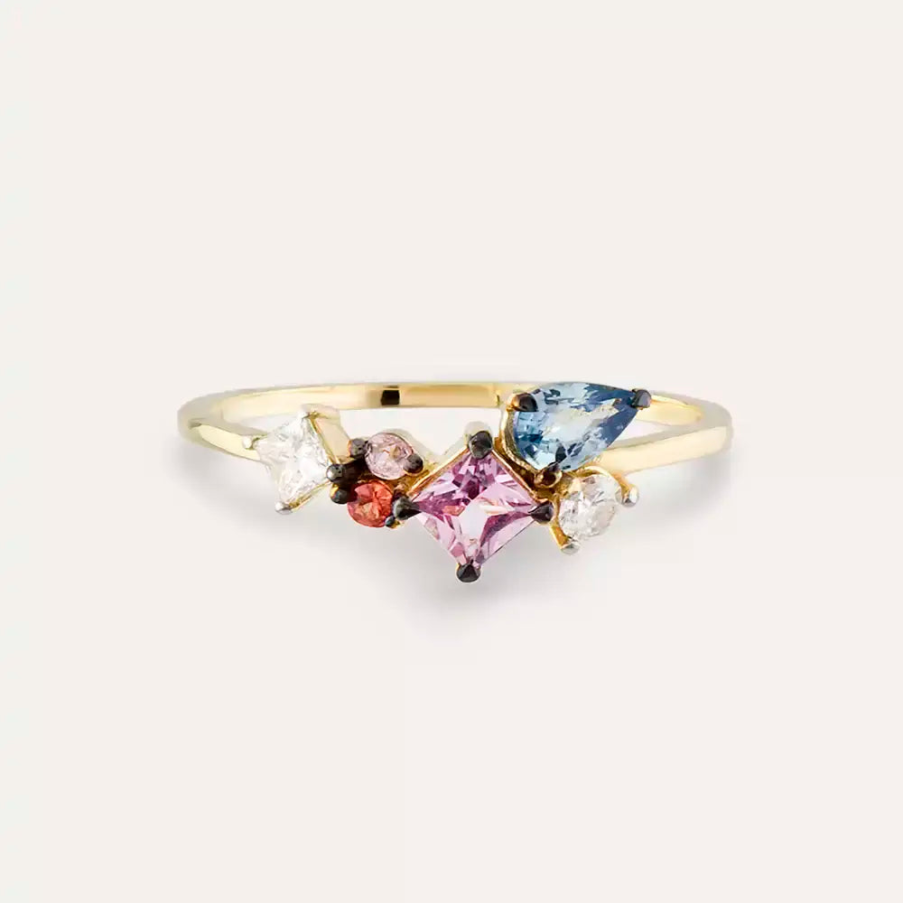 Candy 1.00 CT Multicolor Safir ve Pırlanta Taşlı Sarı Altın Yüzük