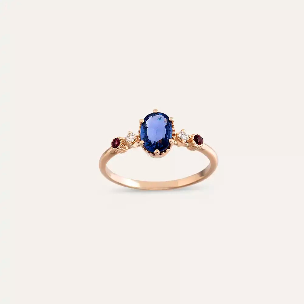 Fiver 1.01 CT Blue Safir ve Pırlanta Taşlı Rose Altın Yüzük