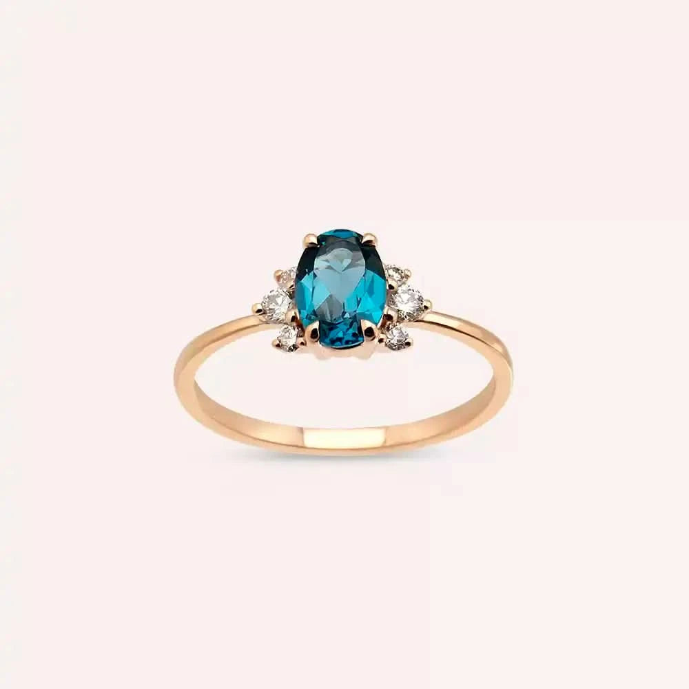 1.02 CT London Blue Topaz ve Pırlanta Taşlı Rose Altın Yüzük