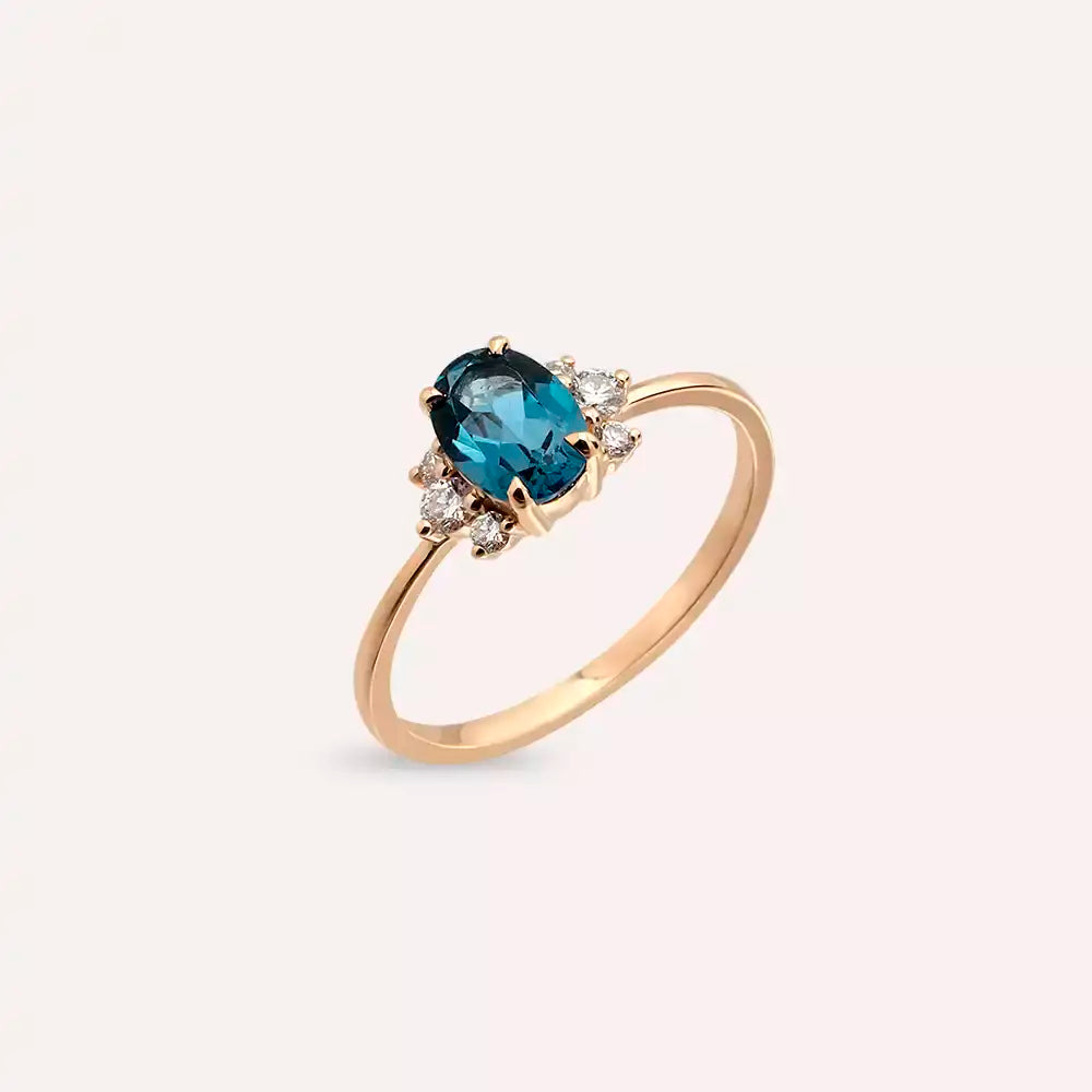 Navy 1.02 CT London Blue Topaz ve Pırlanta Taşlı Rose Altın Yüzük