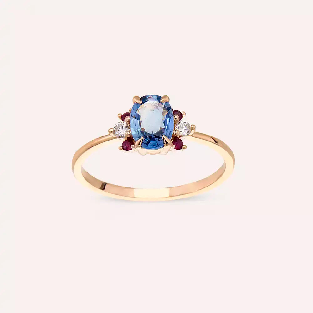 Navy 1.04 CT Multicolor Safir, Yakut ve Pırlanta Taşlı Rose Altın Yüzük