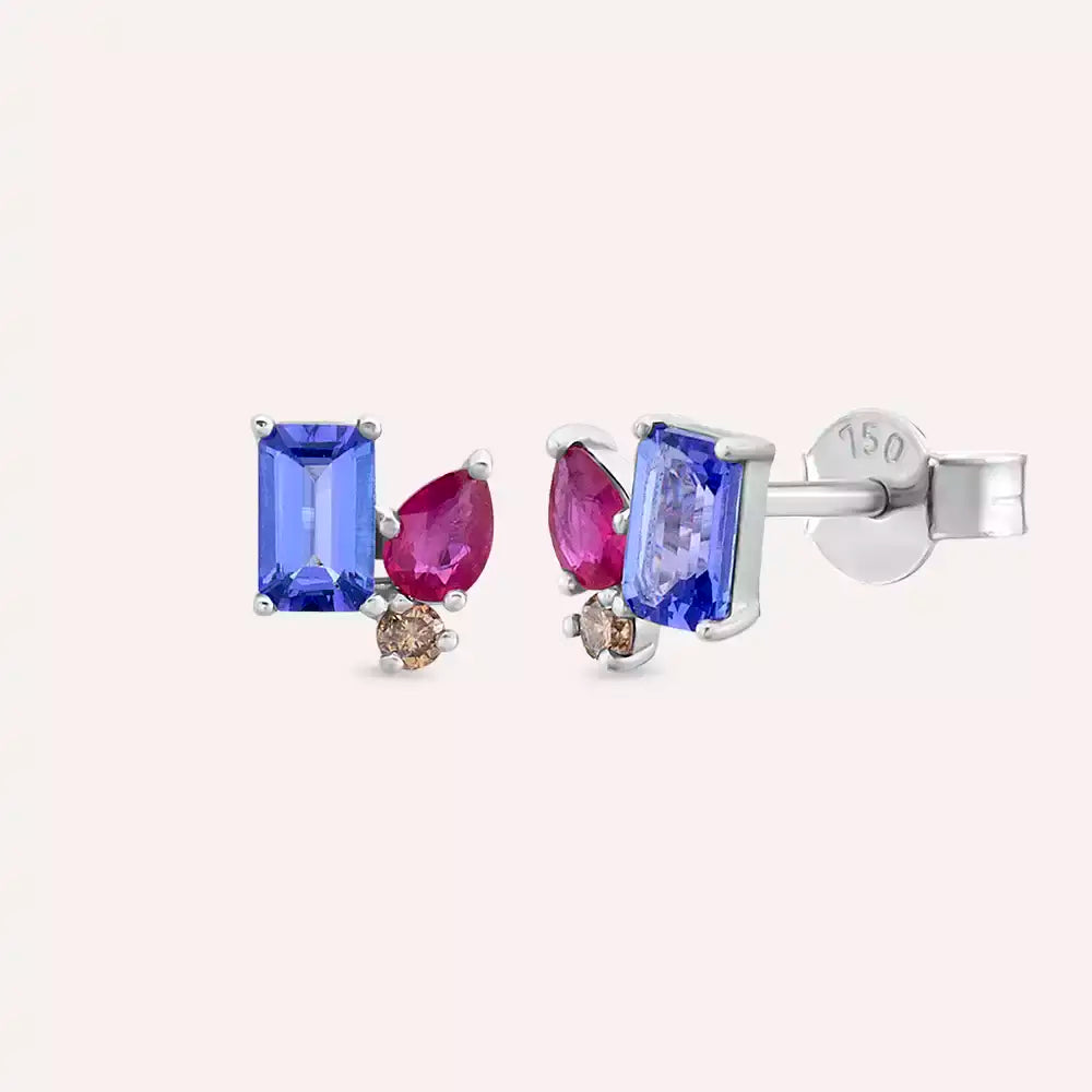 1.06 CT Tanzanit, Yakut ve Kahverengi Elmas Beyaz Altın Küpe
