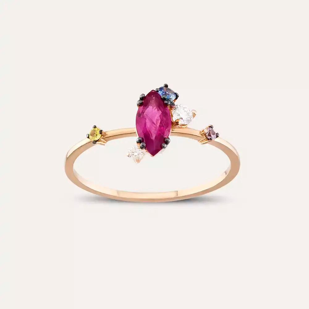 1.07 CT Yakut ve Multicolor Safir Taşlı Rose Altın Yüzük