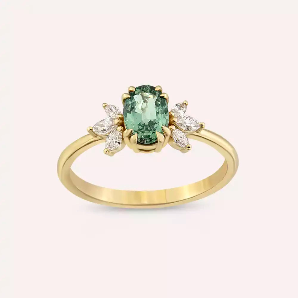 1.15 CT Green Safir ve Markiz Kesim Pırlanta Taşlı Sarı Altın Yüzük