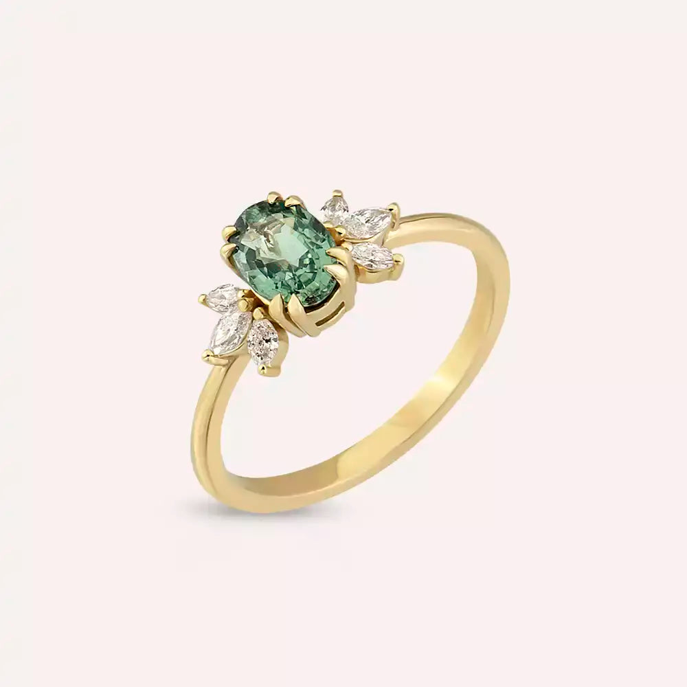 1.15 CT Green Safir ve Markiz Kesim Pırlanta Taşlı Sarı Altın Yüzük