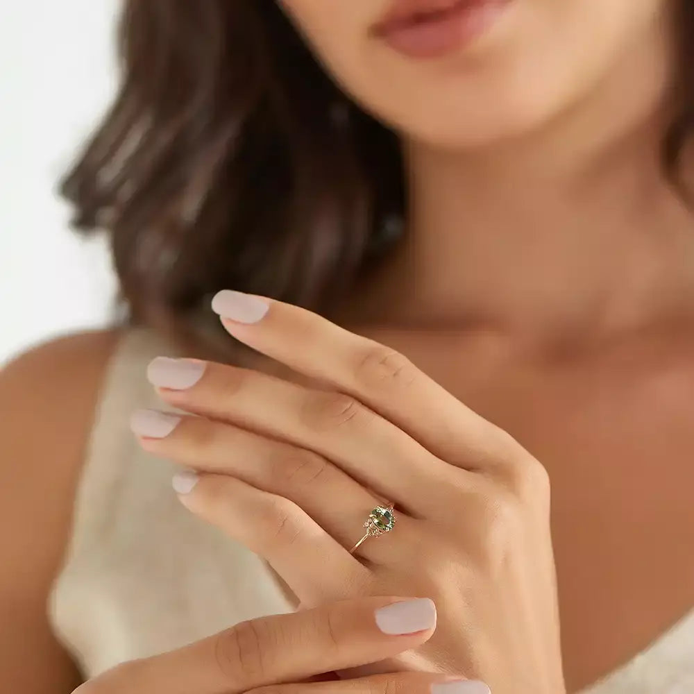 1.19 CT Green Safir ve Brown Pırlanta Taşlı Rose Altın Yüzük