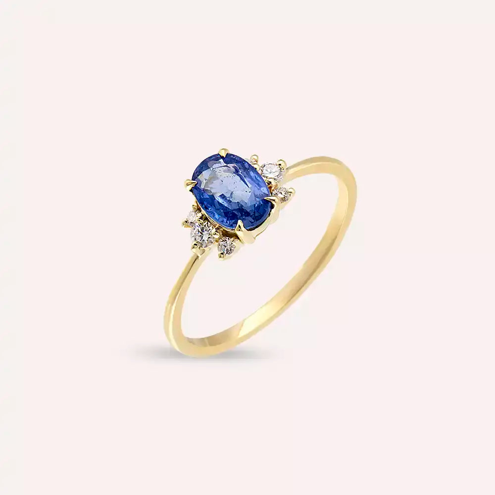 Navy 1.23 CT Blue Safir ve Pırlanta Taşlı Sarı Altın Yüzük
