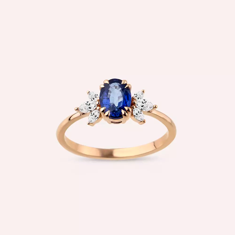 1.25 CT Safir ve Markiz Kesim Pırlanta Taşlı Rose Altın Yüzük