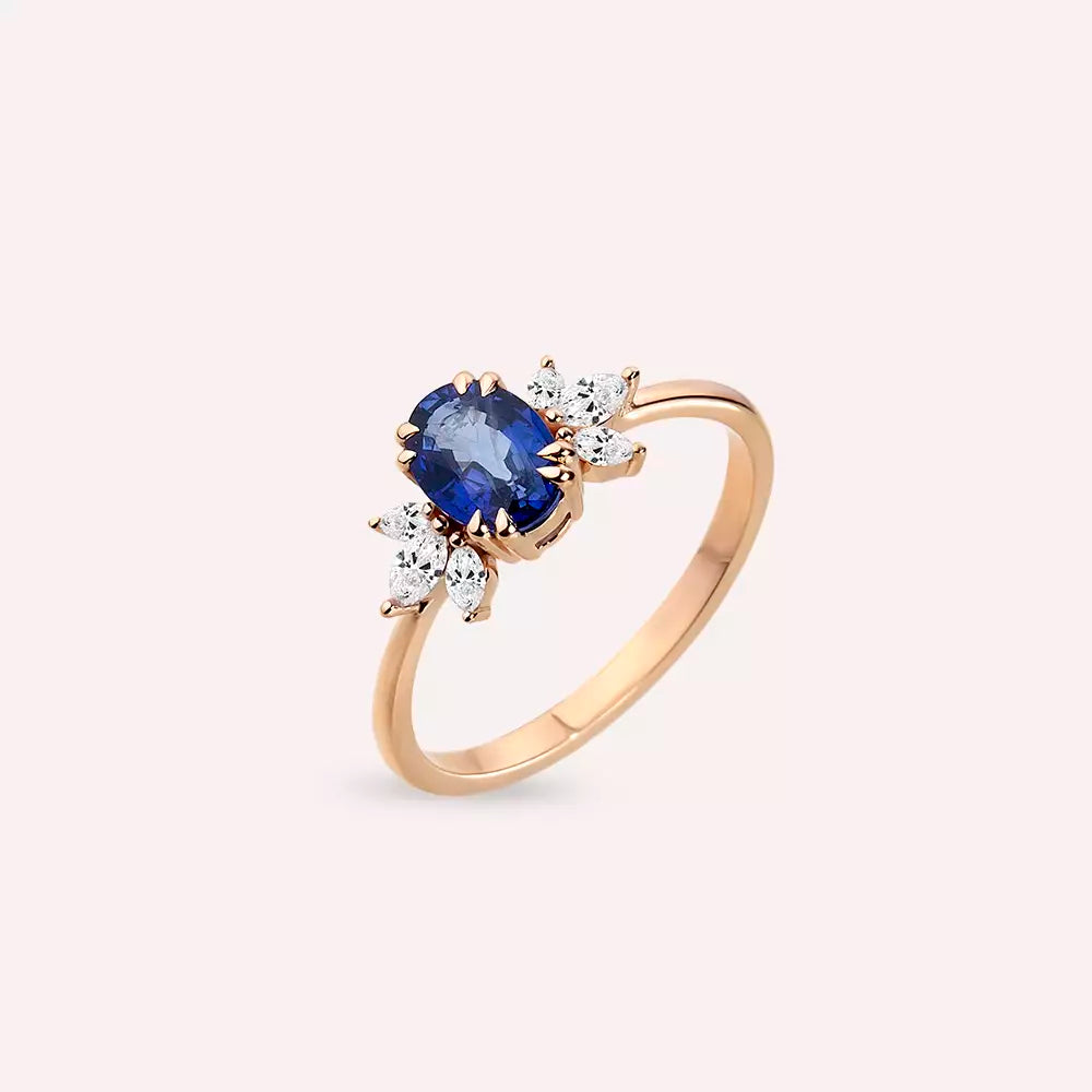 1.25 CT Safir ve Markiz Kesim Pırlanta Taşlı Rose Altın Yüzük