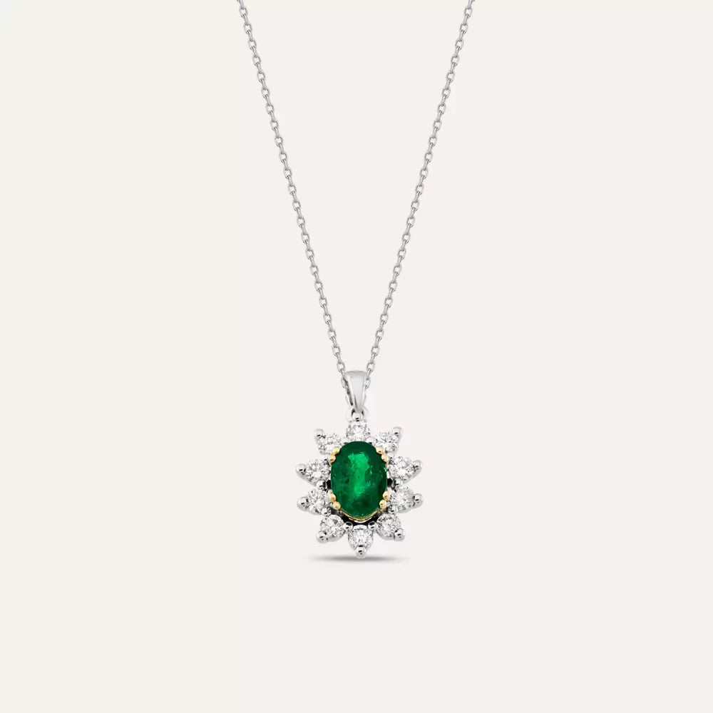 1.25 CT Zümrüt ve Pırlanta Taşlı Beyaz Altın Anturaj Kolye