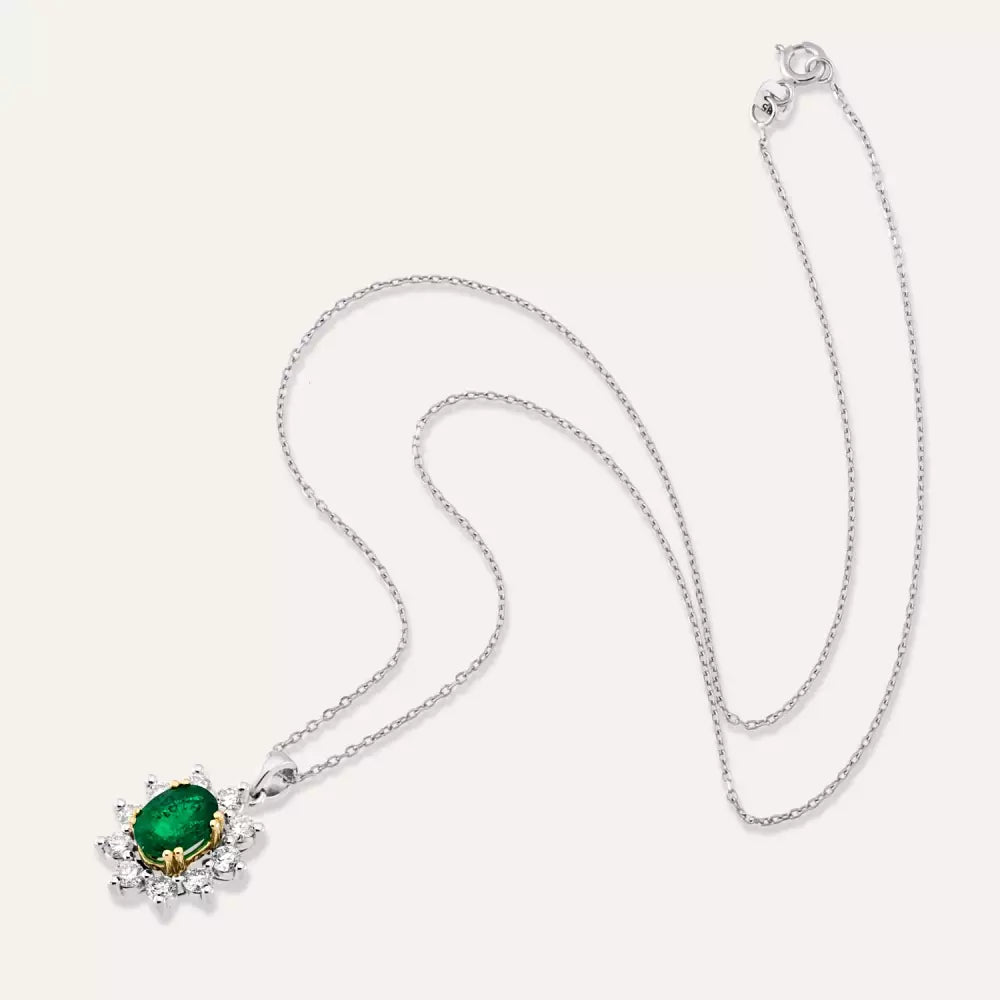 1.25 CT Zümrüt ve Pırlanta Taşlı Beyaz Altın Anturaj Kolye