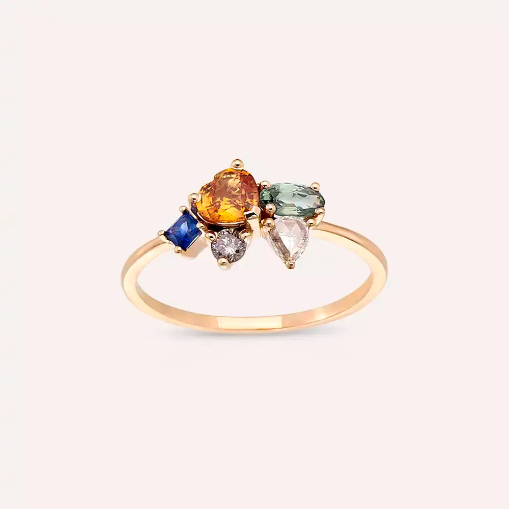 1.27 CT Multicolor Safir, Elmas ve Zümrüt Taşlı Rose Altın Yüzük