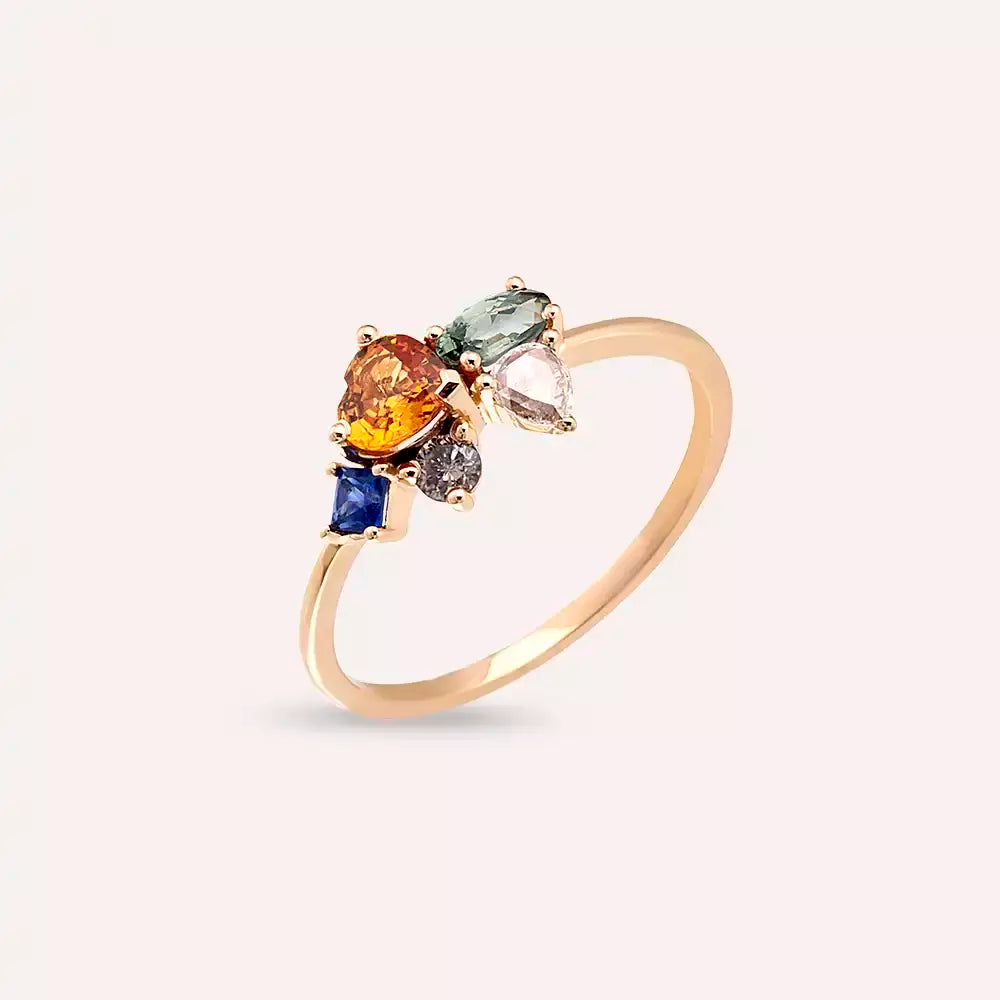 1.27 CT Multicolor Safir, Elmas ve Zümrüt Taşlı Rose Altın Yüzük