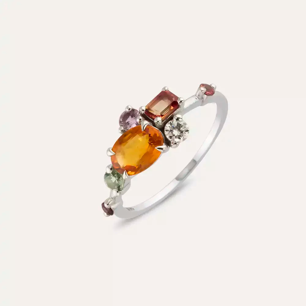 1.38 CT Multicolor Safir ve Pırlanta Taşlı Beyaz Altın Yüzük