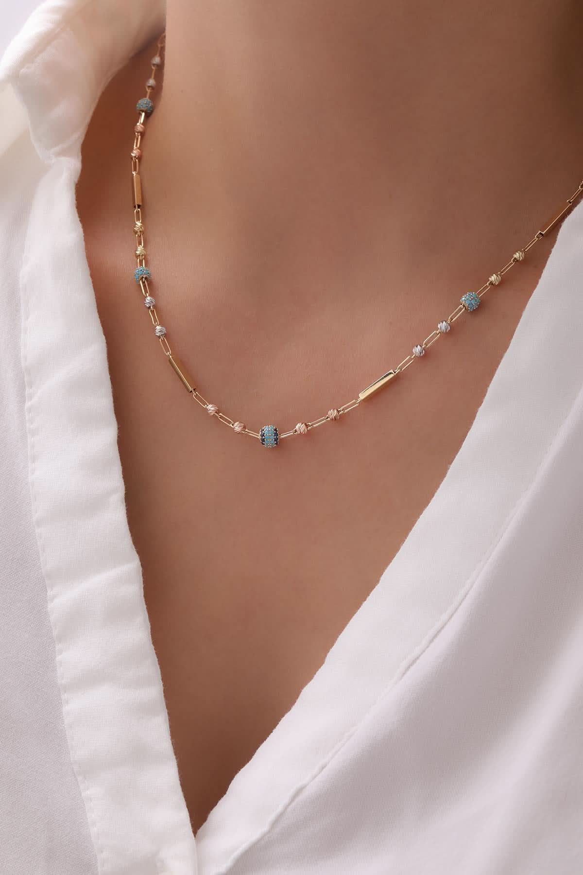 14 Ayar Dorikalı Mavi Taşlı Altın Set