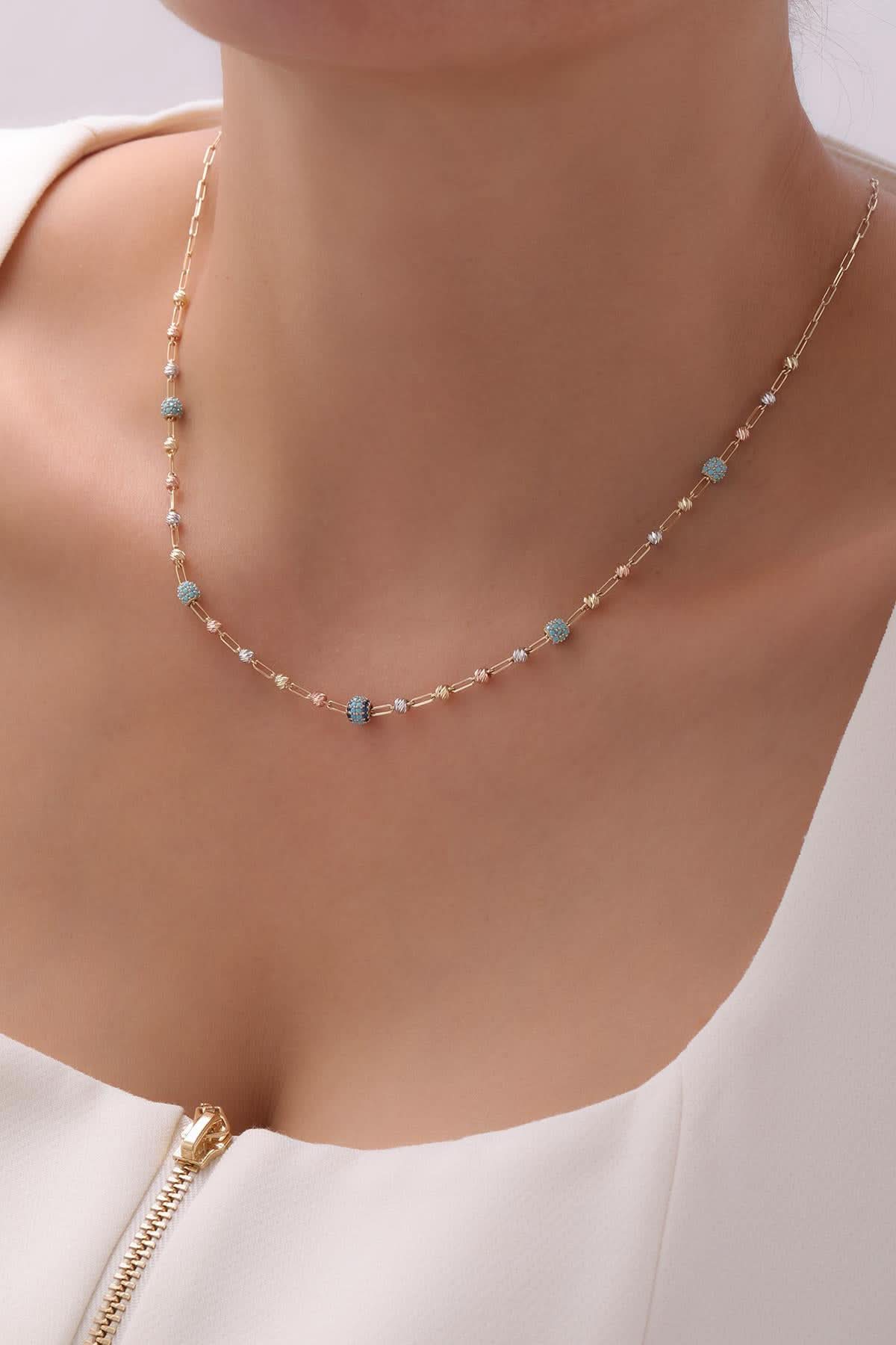 14 Ayar Dorikalı Mavi Taşlı Altın Set