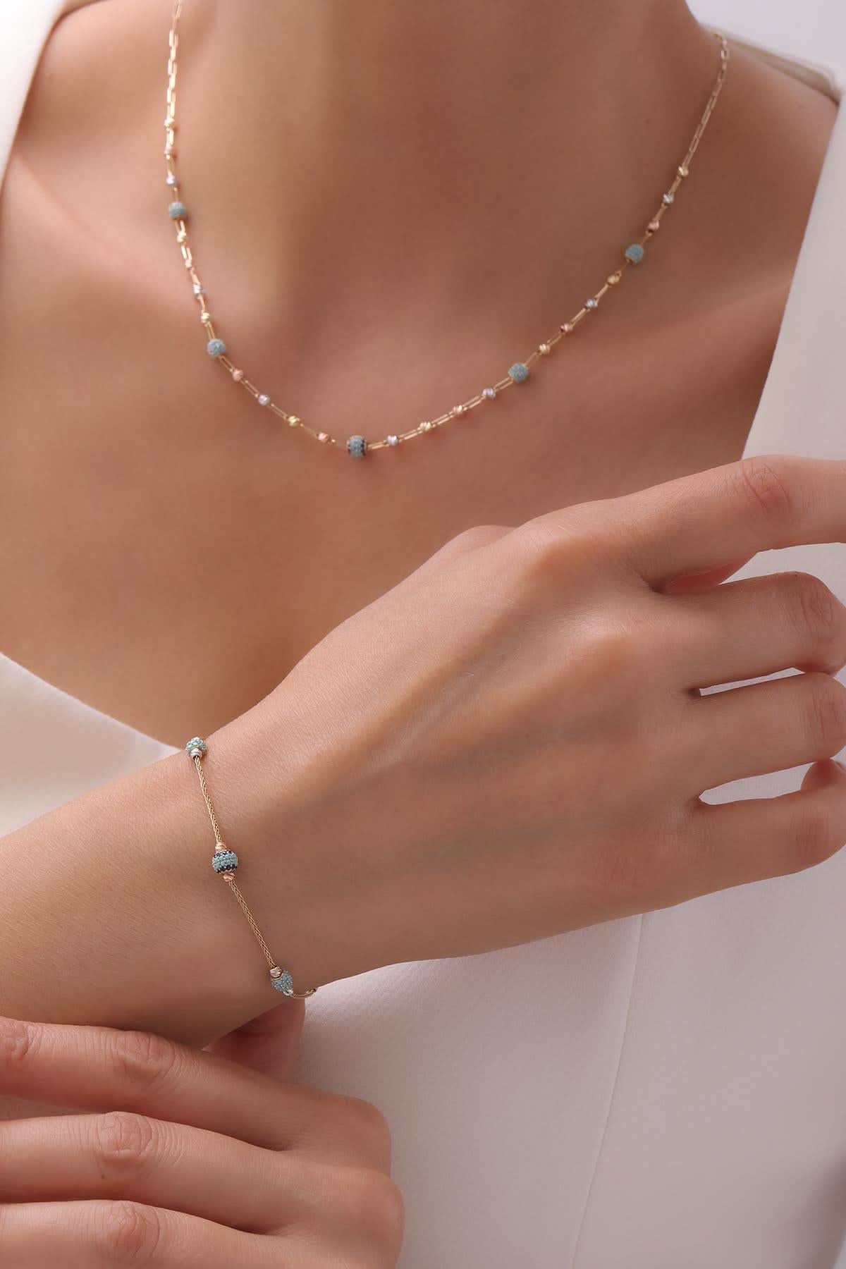 14 Ayar Dorikalı Mavi Taşlı Altın Set