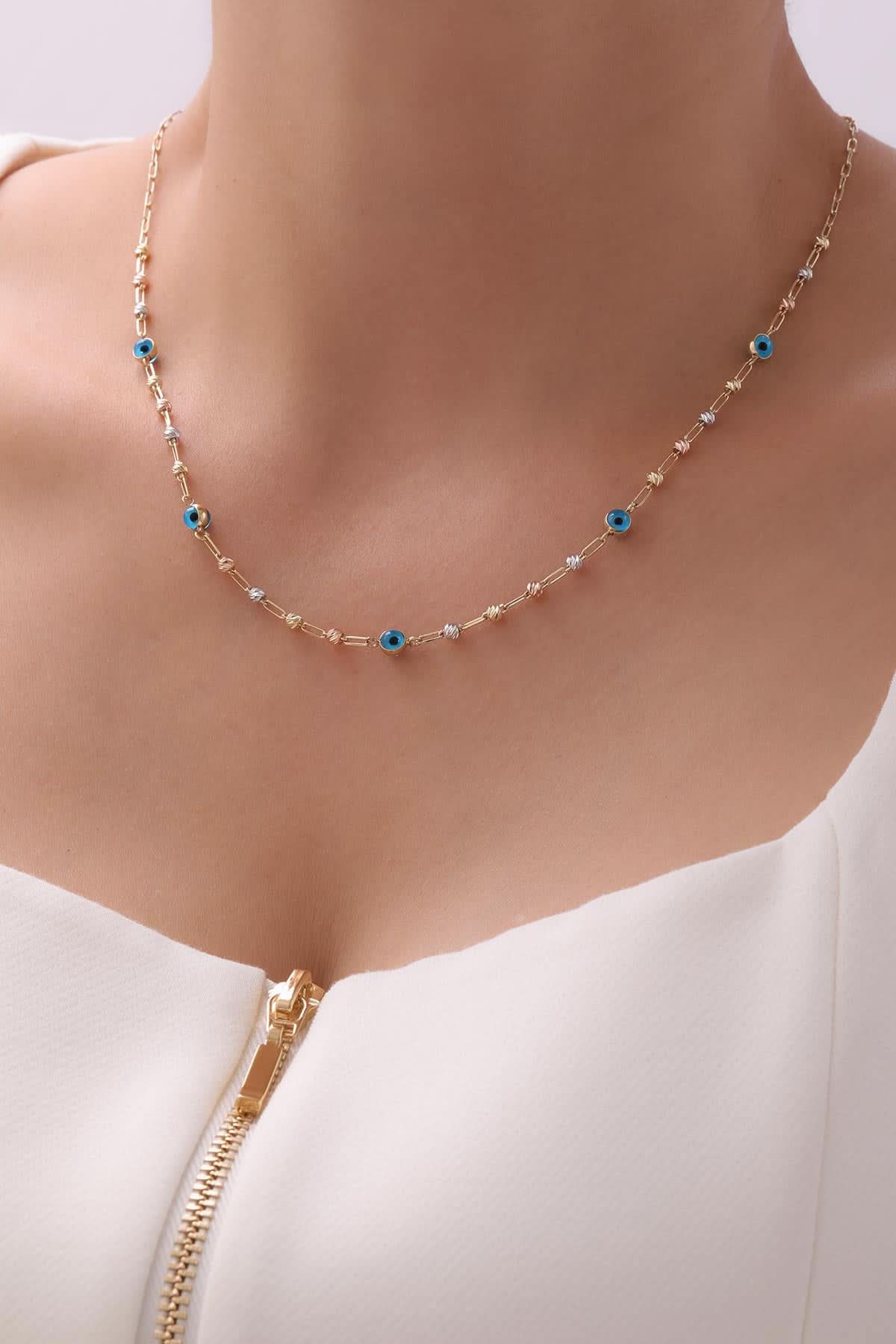 14 Ayar Dorikalı Mavi Taşlı Altın Set