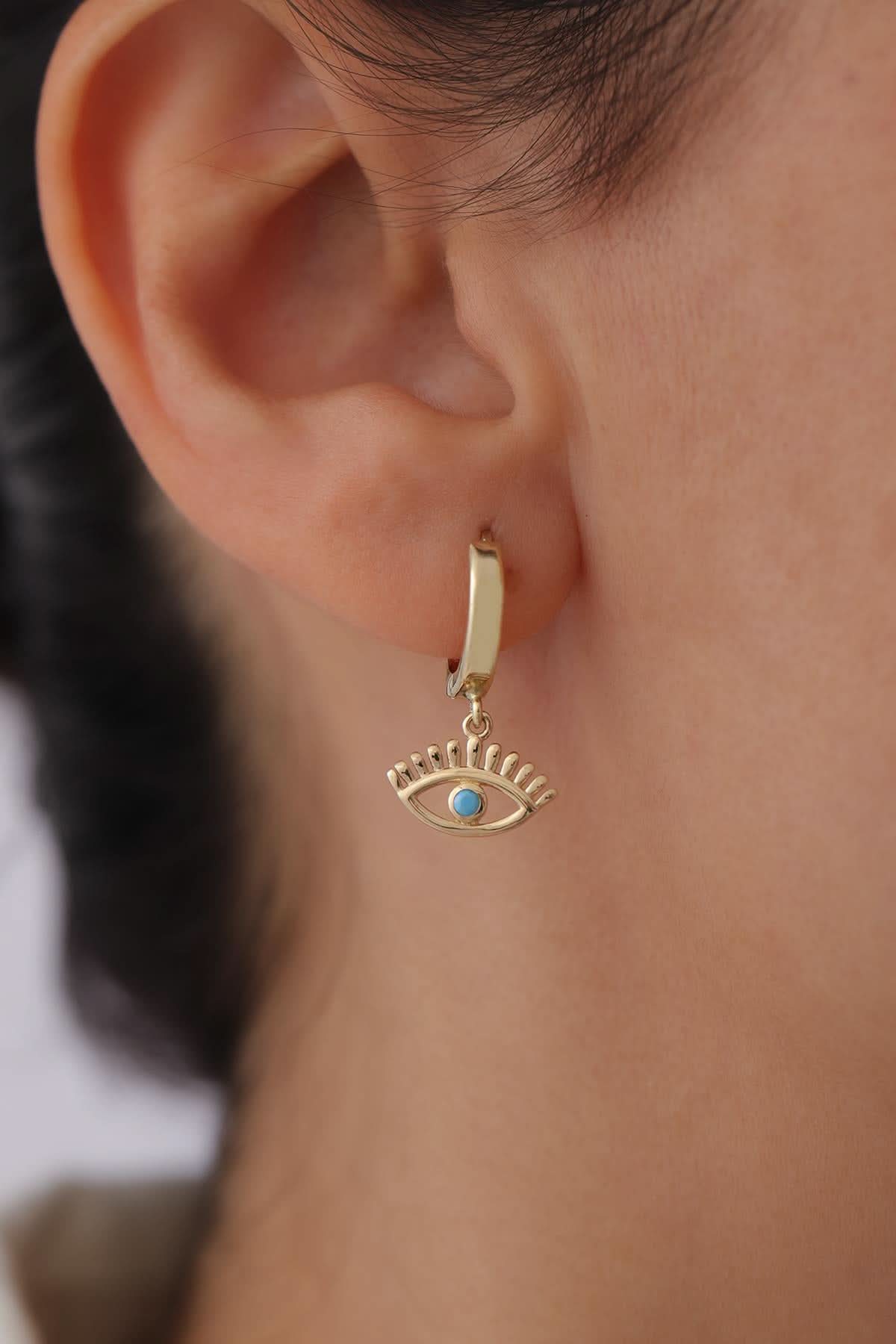 14 Ayar Firuze Taşlı Nazar Altın Küpe