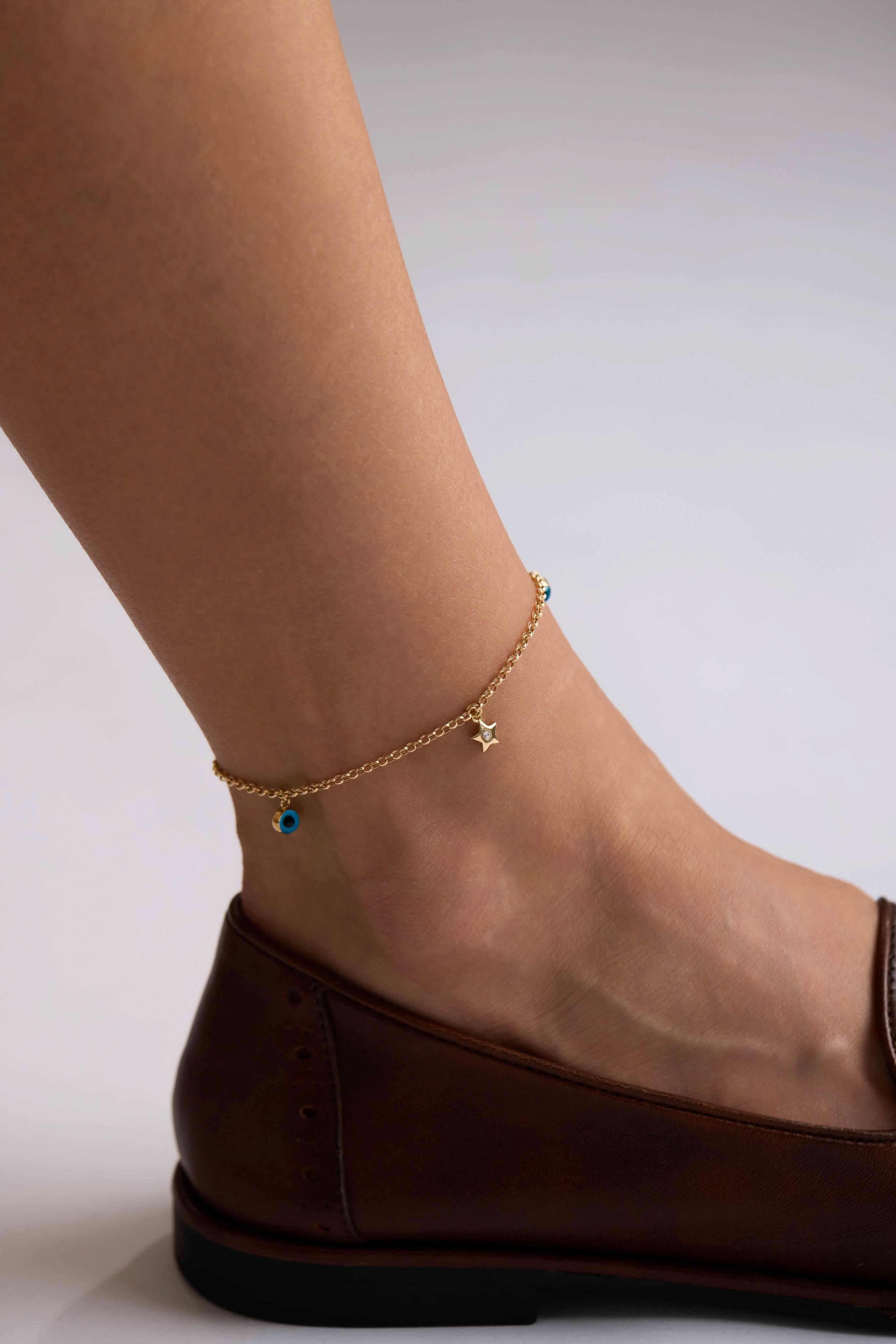 14 Ayar Nazar Boncuklu Yıldız Altın Halhal