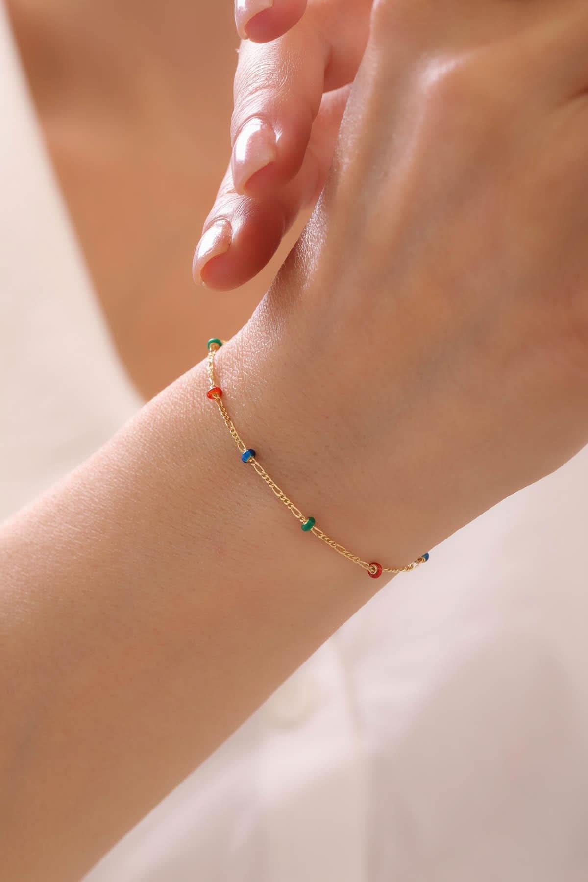 14 Ayar Renkli Taşlı Zincir Altın Bileklik