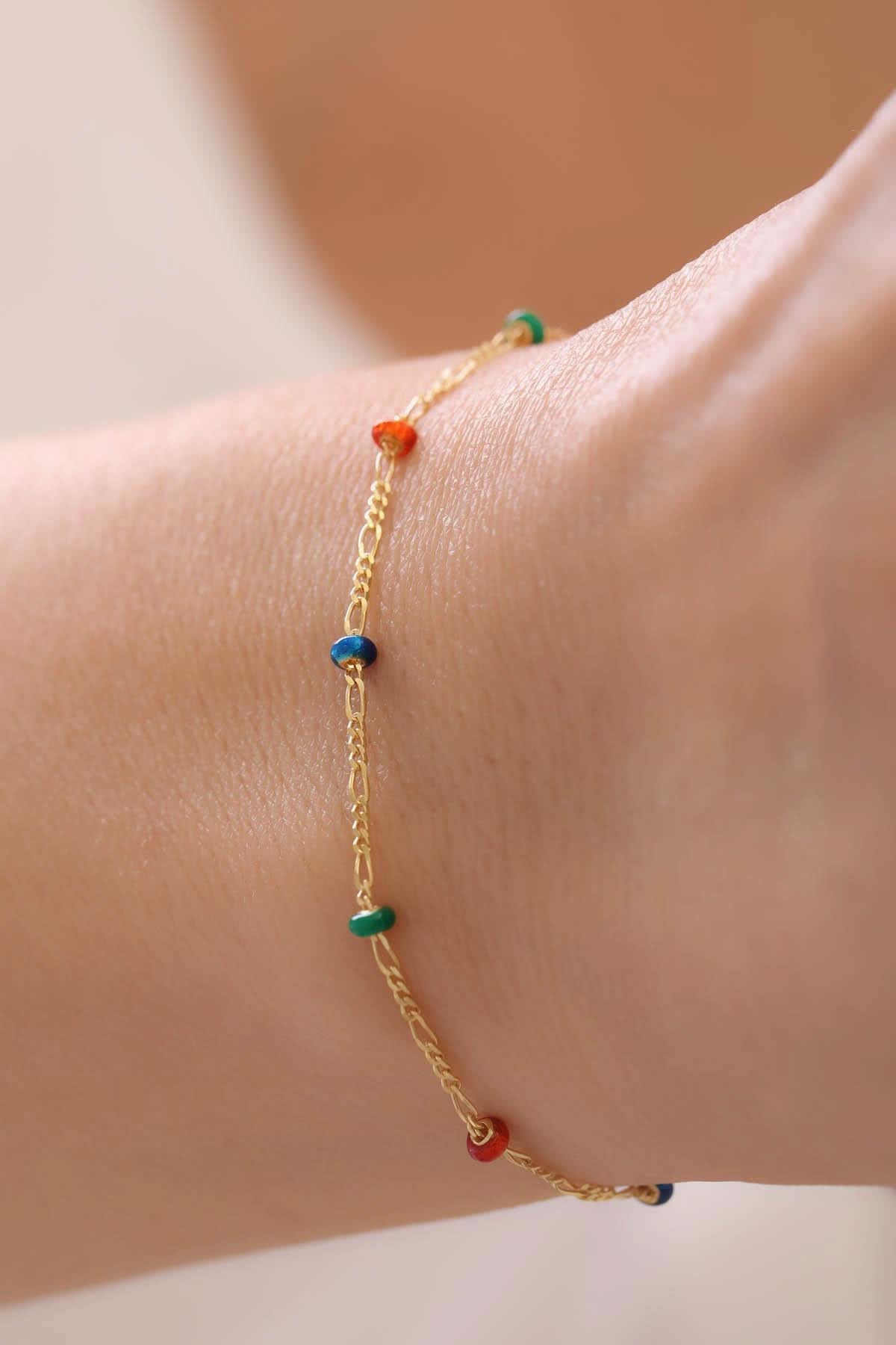 14 Ayar Renkli Taşlı Zincir Altın Bileklik