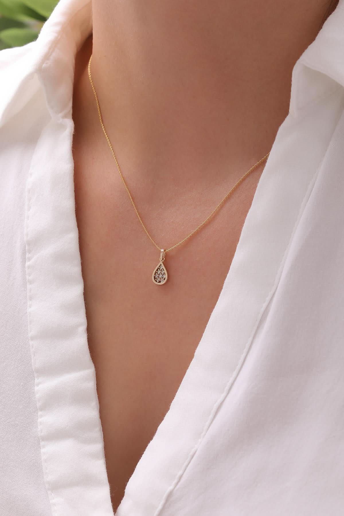 14 Ayar Taşlı Damla Altın Kolye Ucu