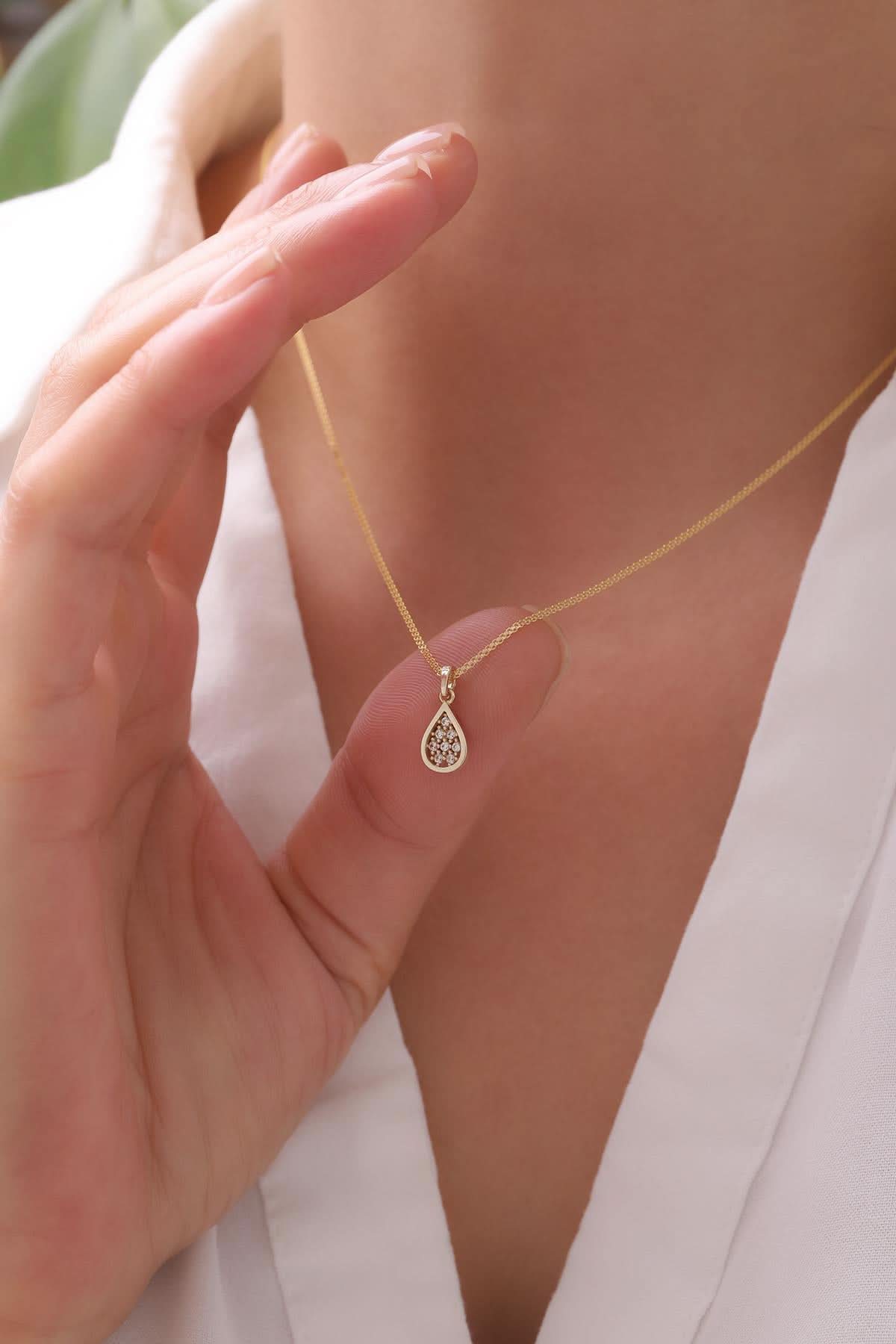 14 Ayar Taşlı Damla Altın Kolye Ucu