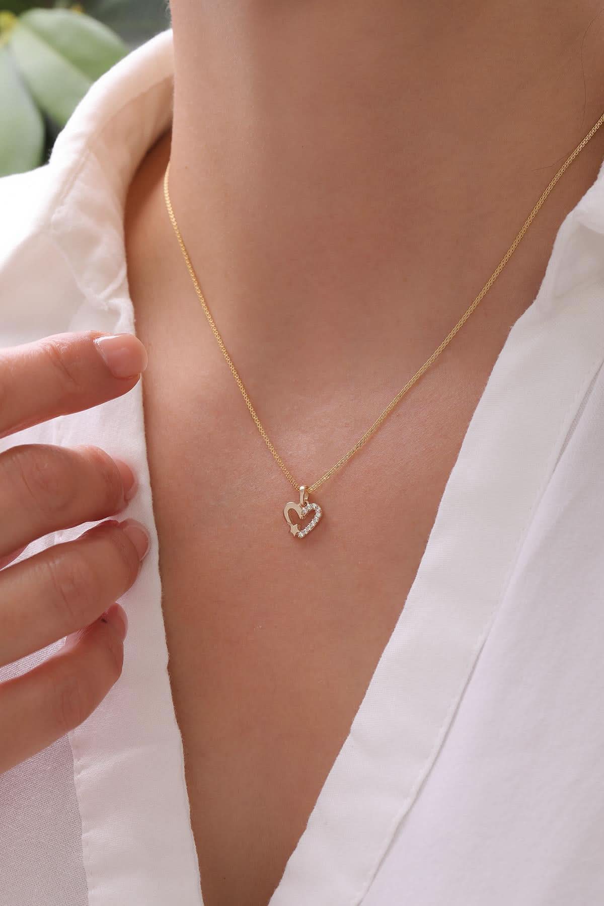 14 Ayar Taşlı Kalp Altın Kolye Ucu