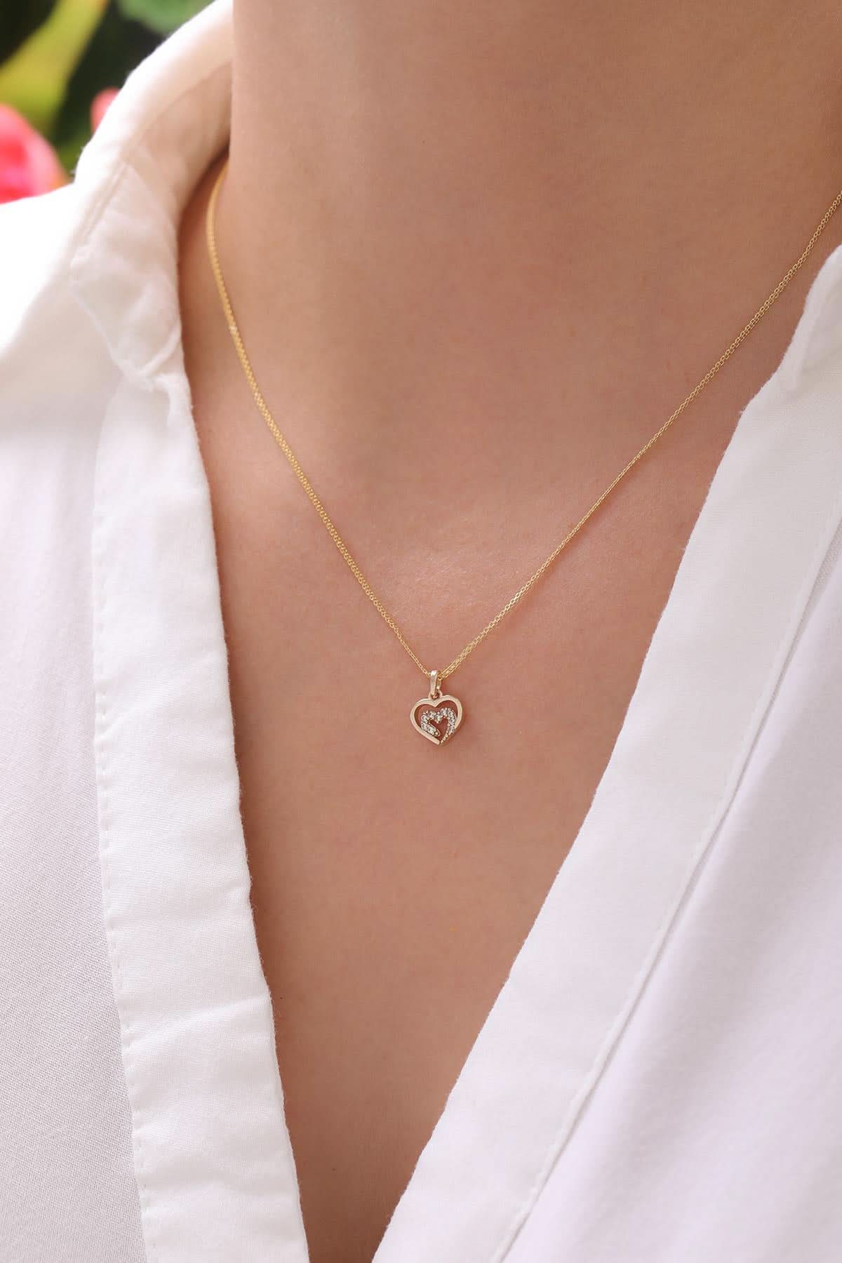 14 Ayar Taşlı Kalp Altın Kolye Ucu