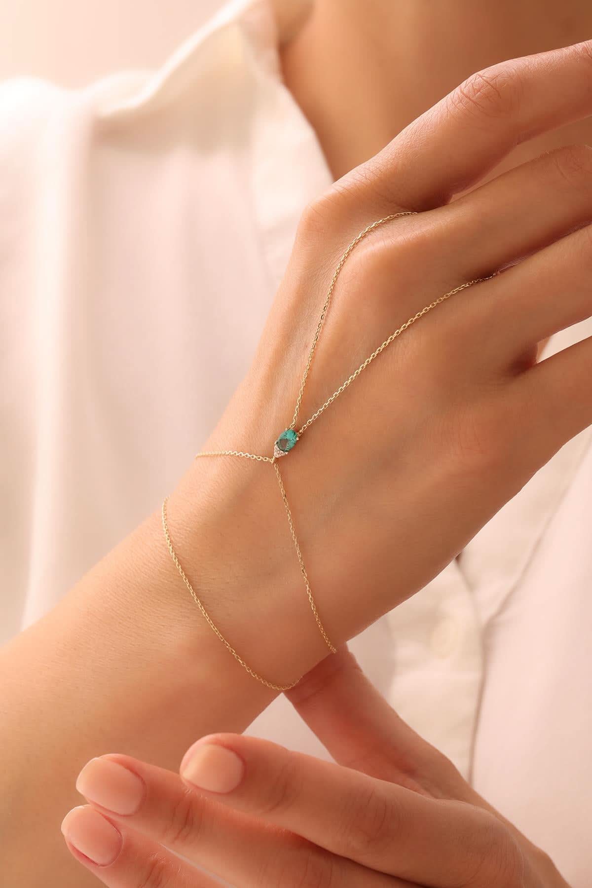 14 Ayar Yeşil Oval Taşlı Altın Şahmeran