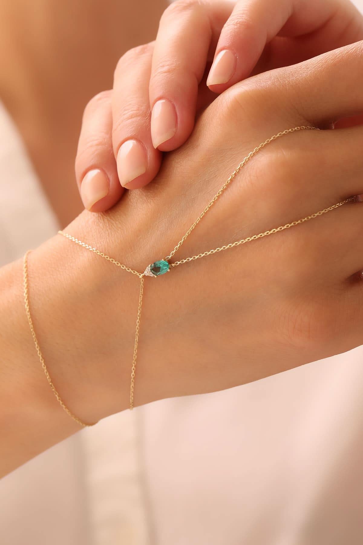 14 Ayar Yeşil Oval Taşlı Altın Şahmeran