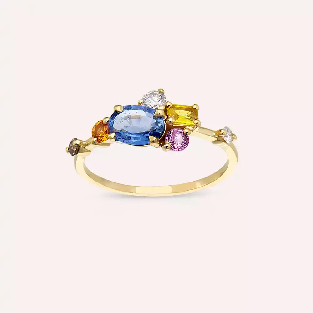 1.41 CT Multicolor Safir ve Brown Pırlanta Taşlı Sarı Altın Yüzük