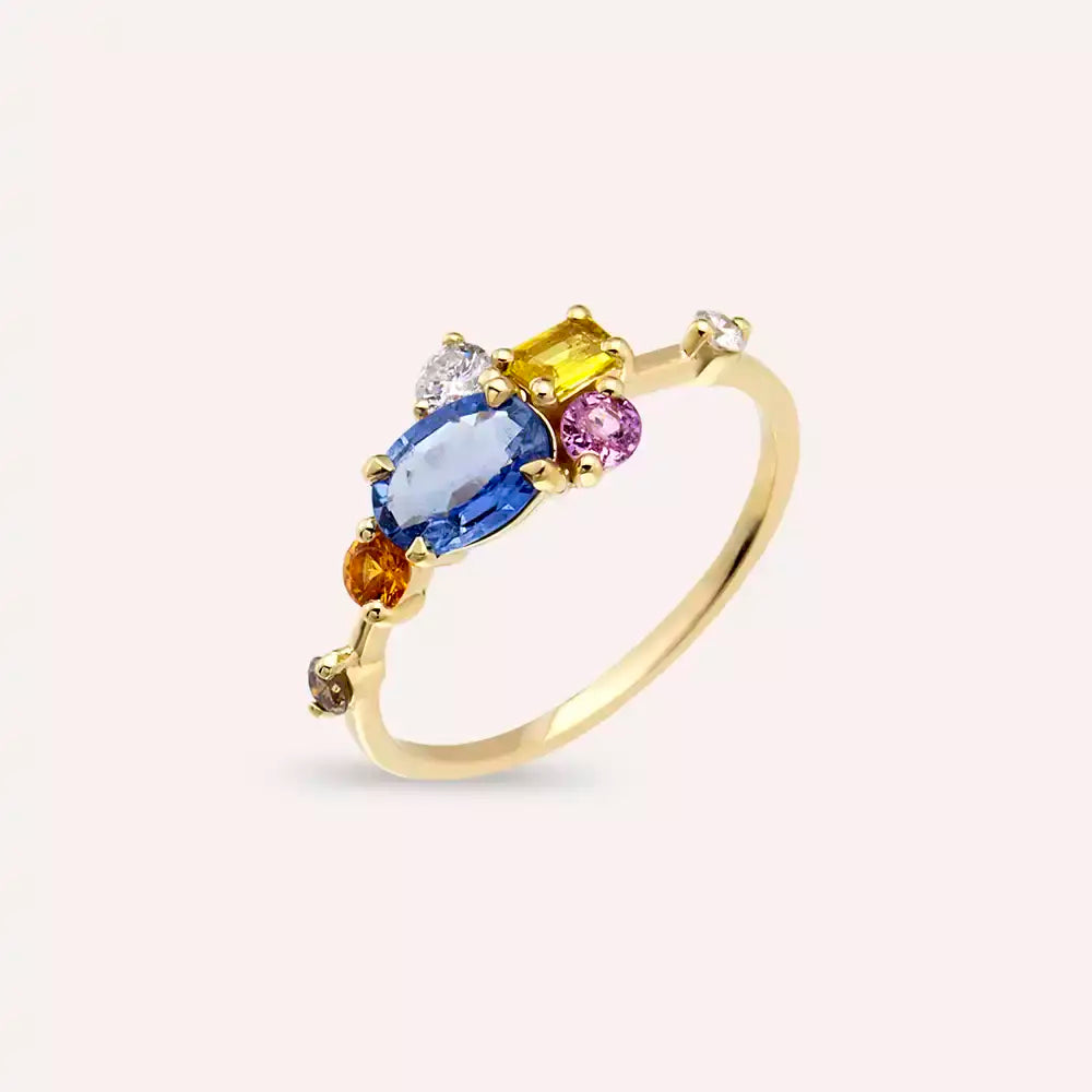 1.41 CT Multicolor Safir ve Brown Pırlanta Taşlı Sarı Altın Yüzük