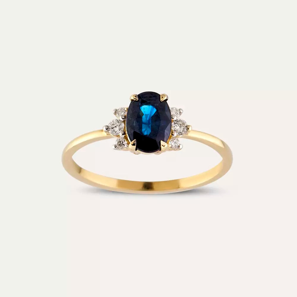 1.43 CT Dark Blue Safir ve Pırlanta Taşlı Sarı Altın Yüzük