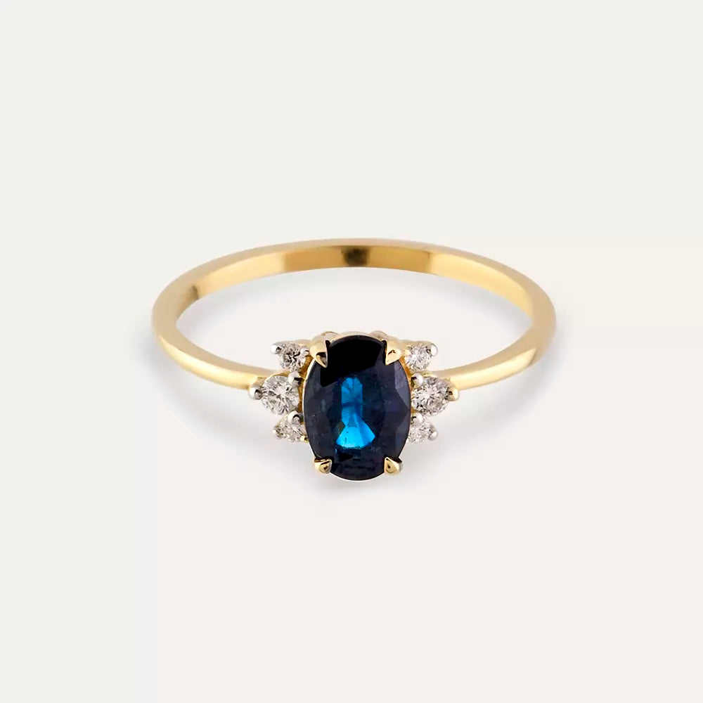 1.43 CT Dark Blue Safir ve Pırlanta Taşlı Sarı Altın Yüzük